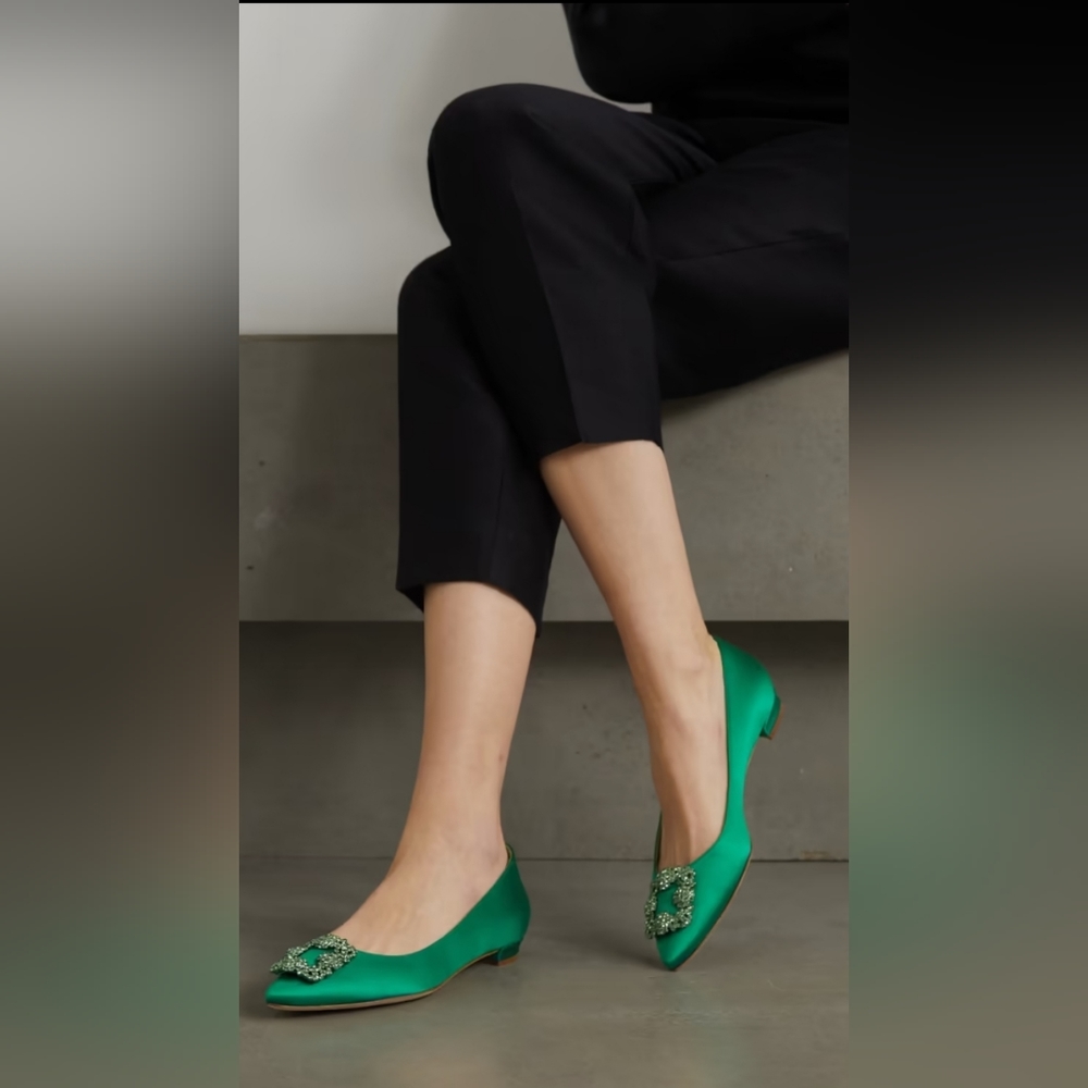 Manolo Blahnik Hangisi embellished satin point-toe flats in emerald green